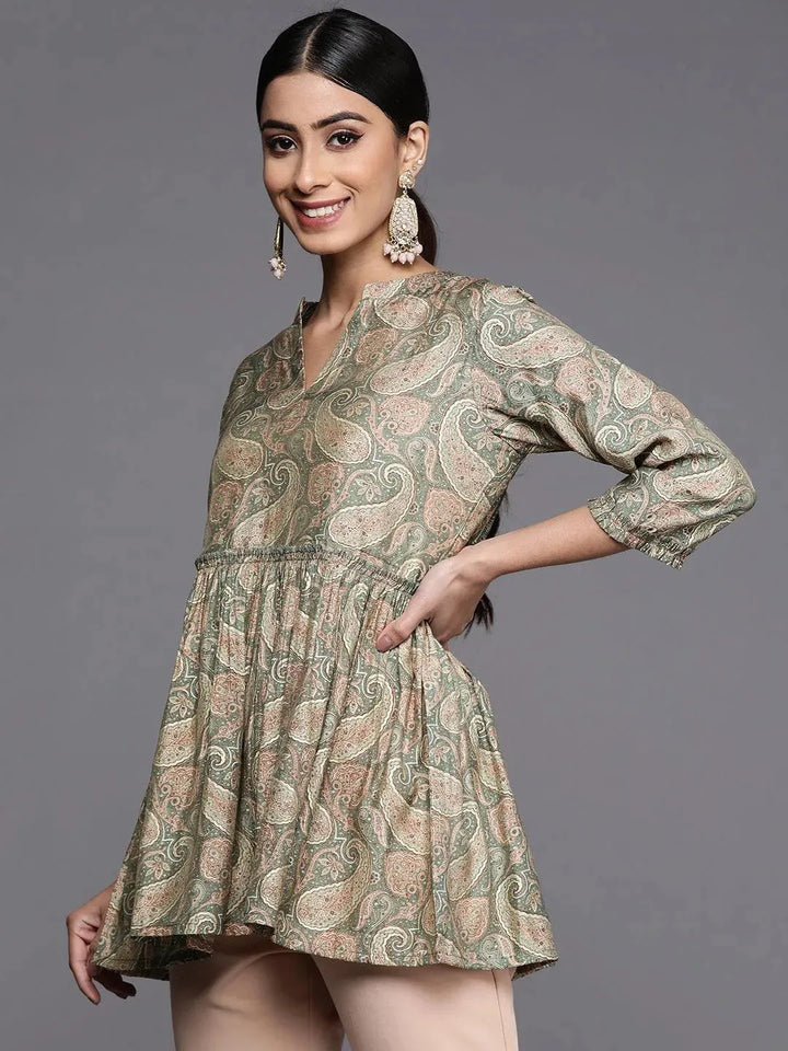 Green Printed Silk Blend A-Line Kurti - Libas