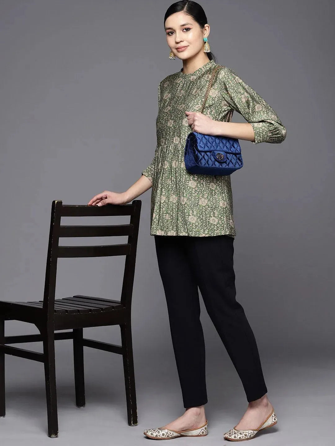 Green Printed Silk Blend A-Line Kurti - Libas