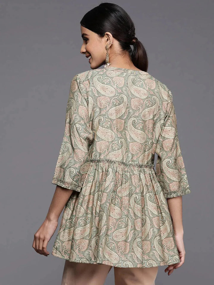 Green Printed Silk Blend A-Line Kurti - Libas