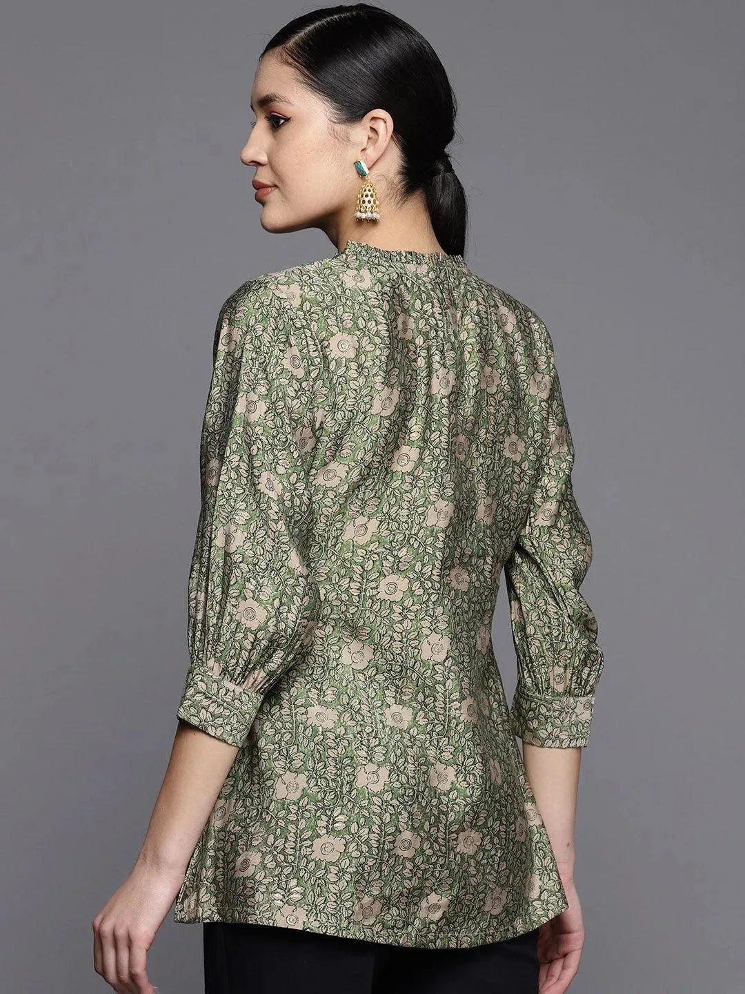 Green Printed Silk Blend A-Line Kurti - Libas