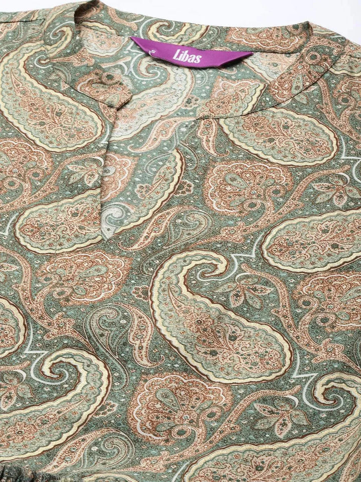 Green Printed Silk Blend A-Line Kurti - Libas