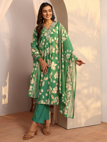 Libas Green Printed Silk Blend A-Line Suit Set With Dupatta