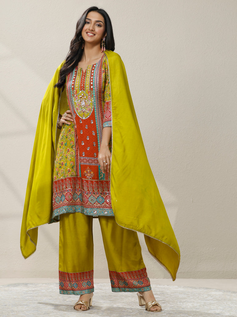 Libas Green Printed Silk Blend A-Line Suit Set With Dupatta