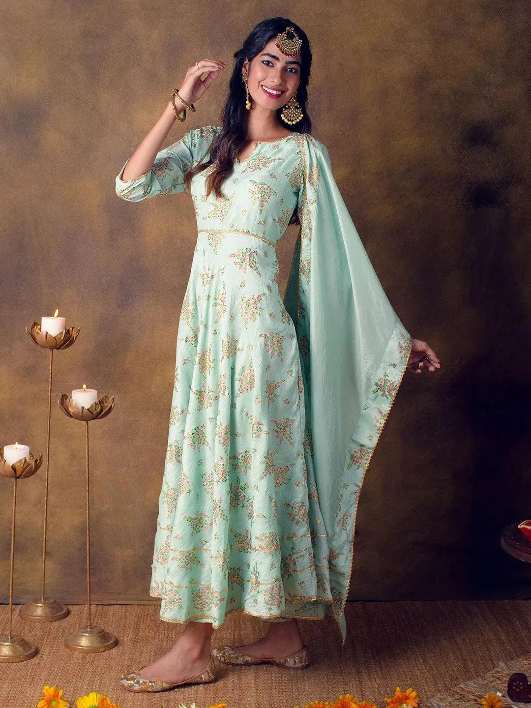 Green Printed Silk Blend Anarkali Dress With Dupatta - Libas