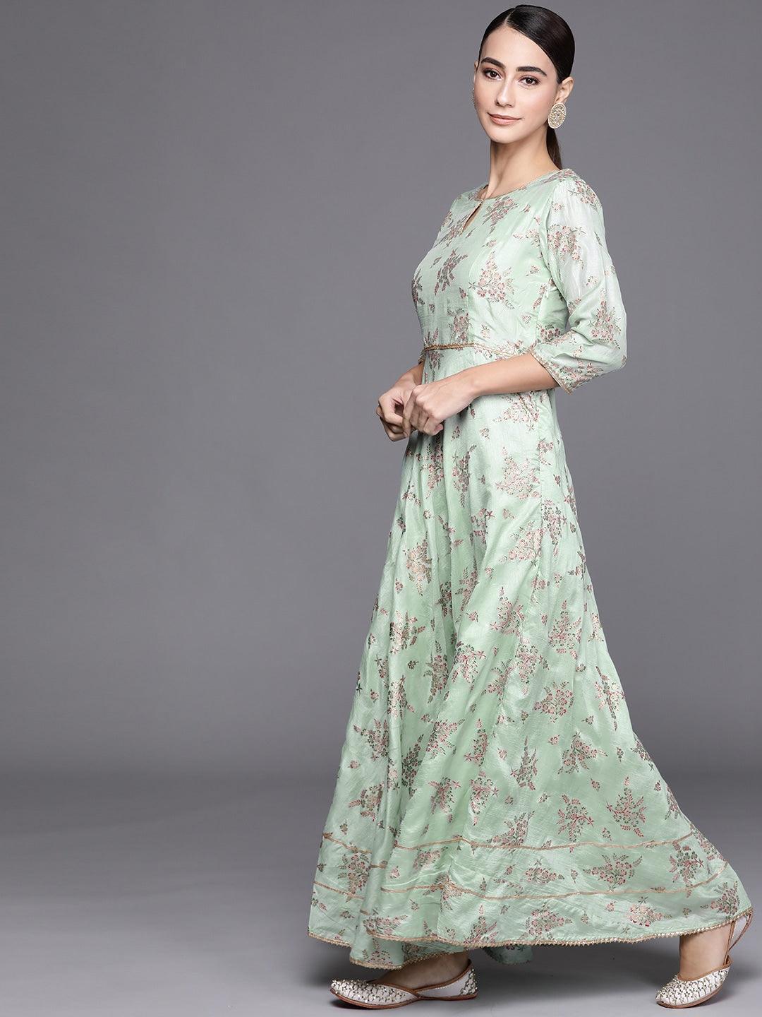 Green Printed Silk Blend Anarkali Dress With Dupatta