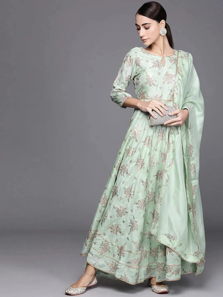 Green Printed Silk Blend Anarkali Dress With Dupatta - Libas