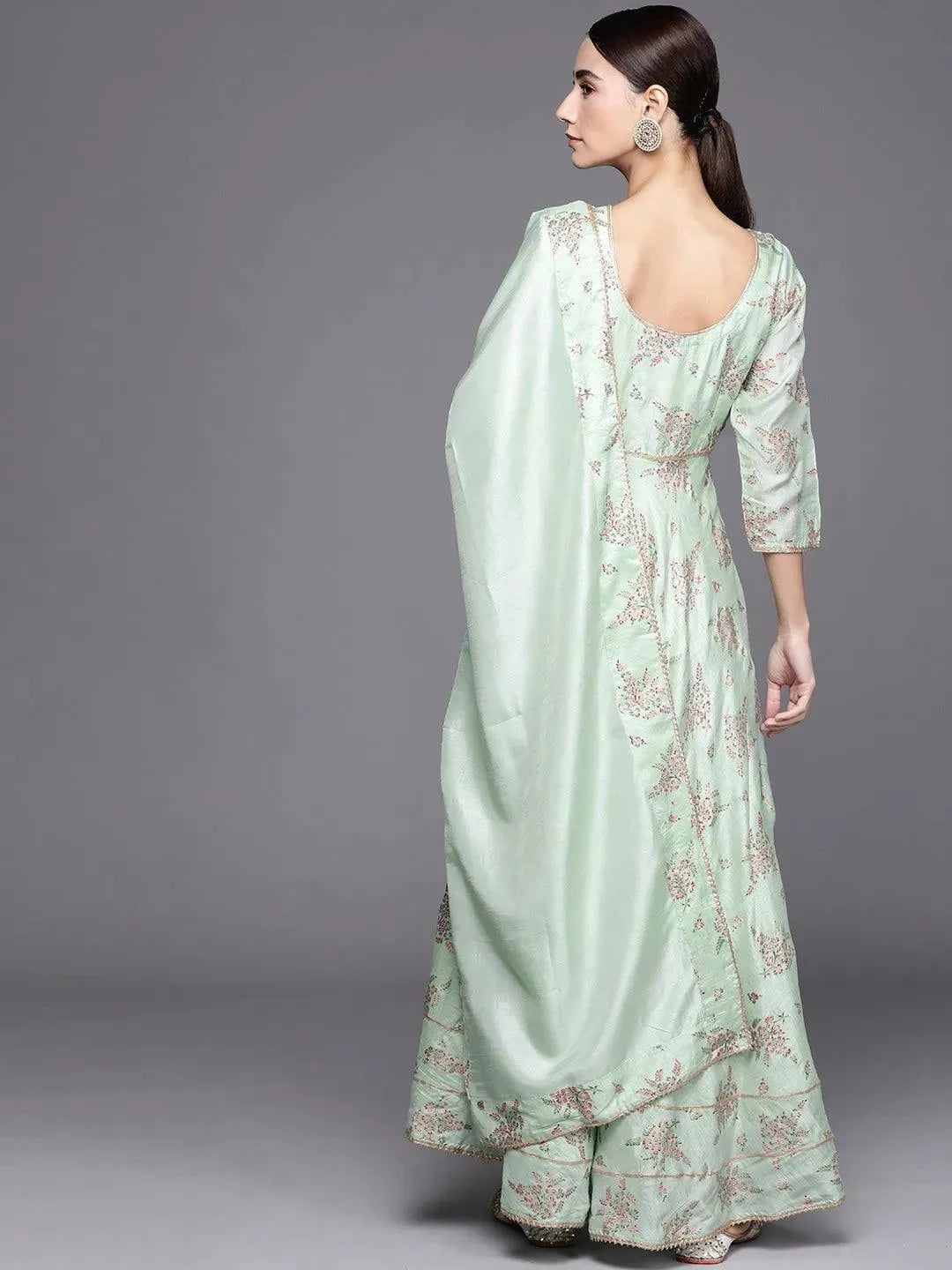 Green Printed Silk Blend Anarkali Dress With Dupatta - Libas 