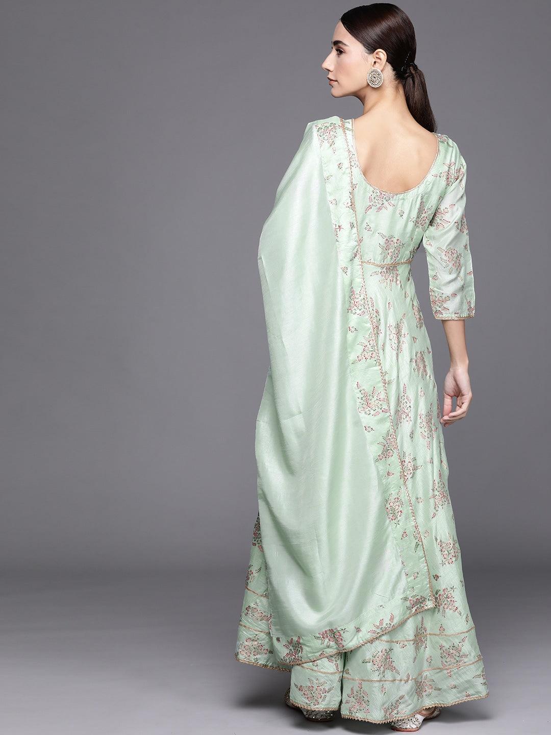 Green Printed Silk Blend Anarkali Dress With Dupatta - Libas