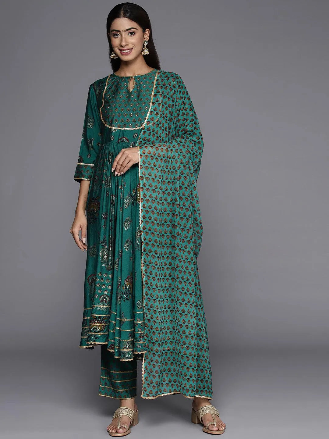 Green Printed Silk Blend Anarkali Kurta With Trousers & Dupatta - Libas 