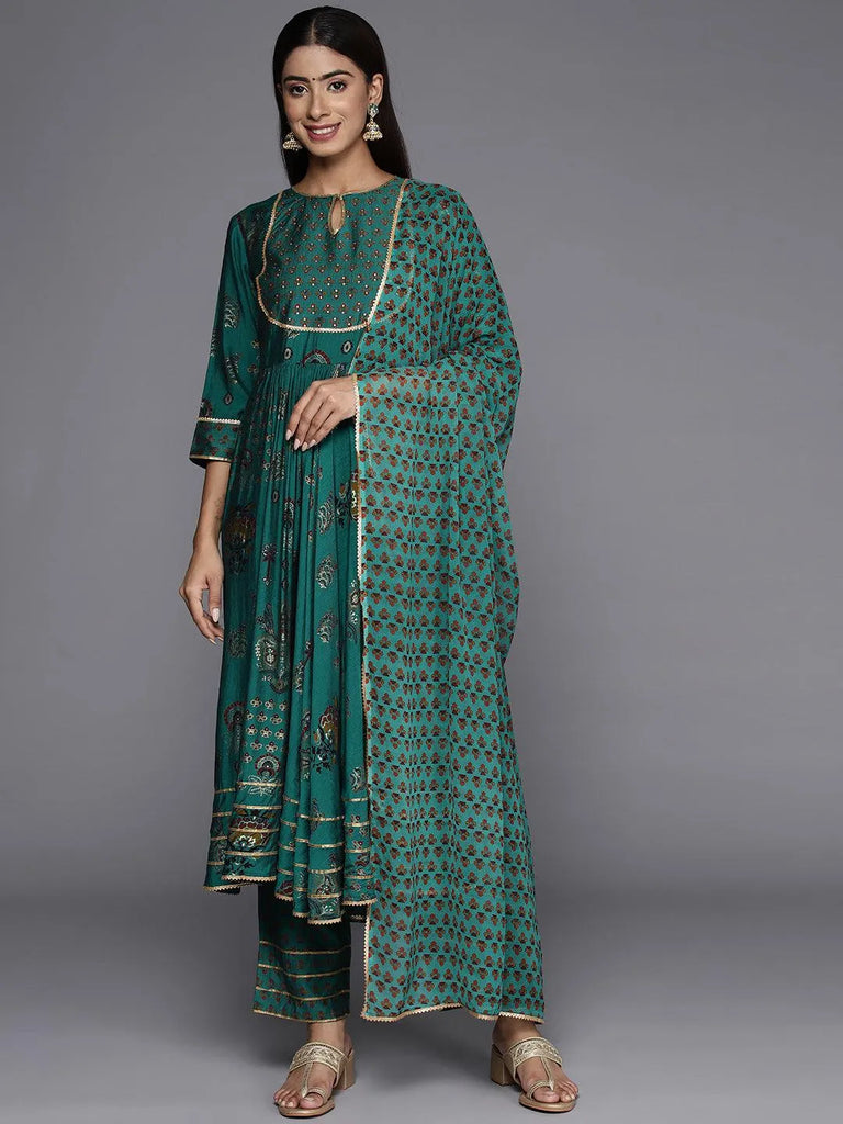 Libas Green Printed Silk Blend Anarkali Suit With Dupatta
