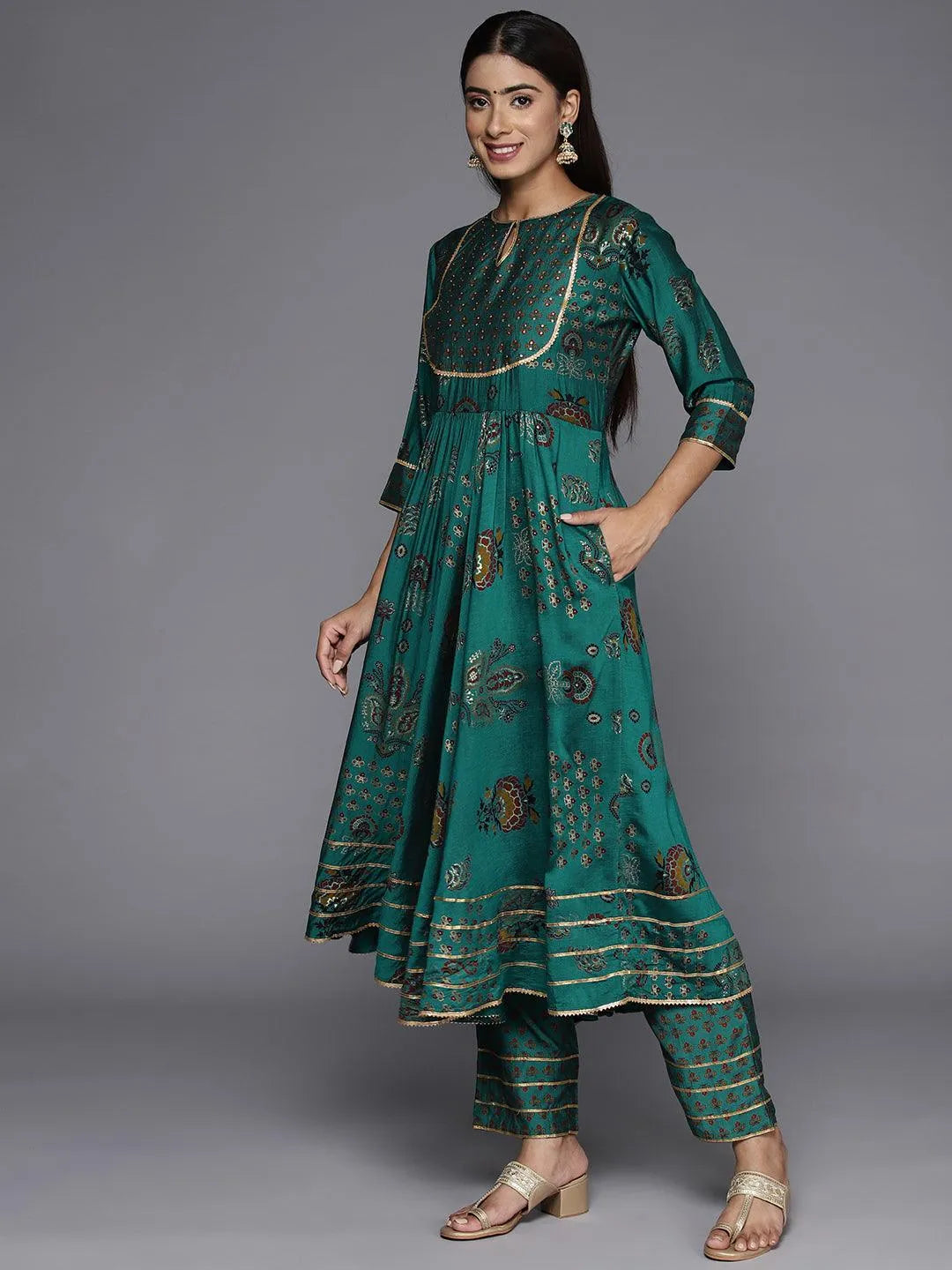 Green Printed Silk Blend Anarkali Kurta With Trousers & Dupatta - Libas 