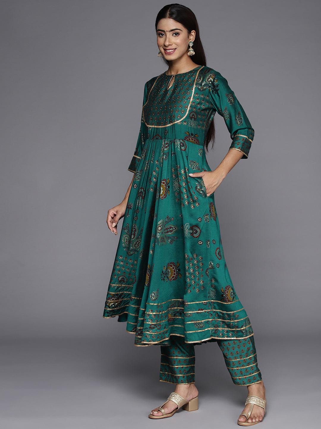 Green Printed Silk Blend Anarkali Kurta With Trousers & Dupatta - Libas