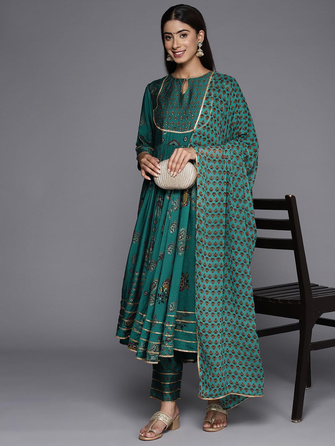Green Printed Silk Blend Anarkali Kurta With Trousers & Dupatta - Libas