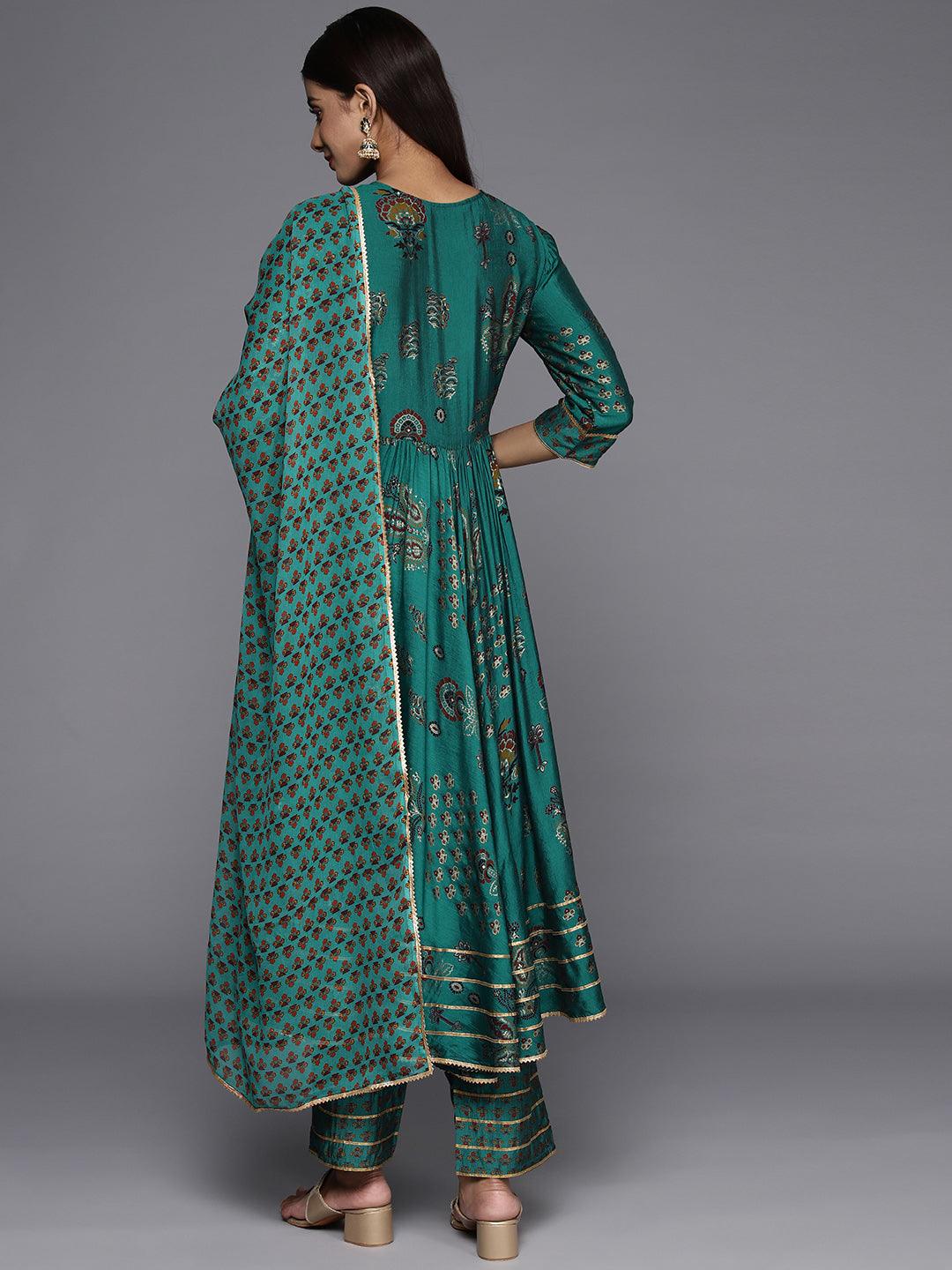 Green Printed Silk Blend Anarkali Suit With Dupatta