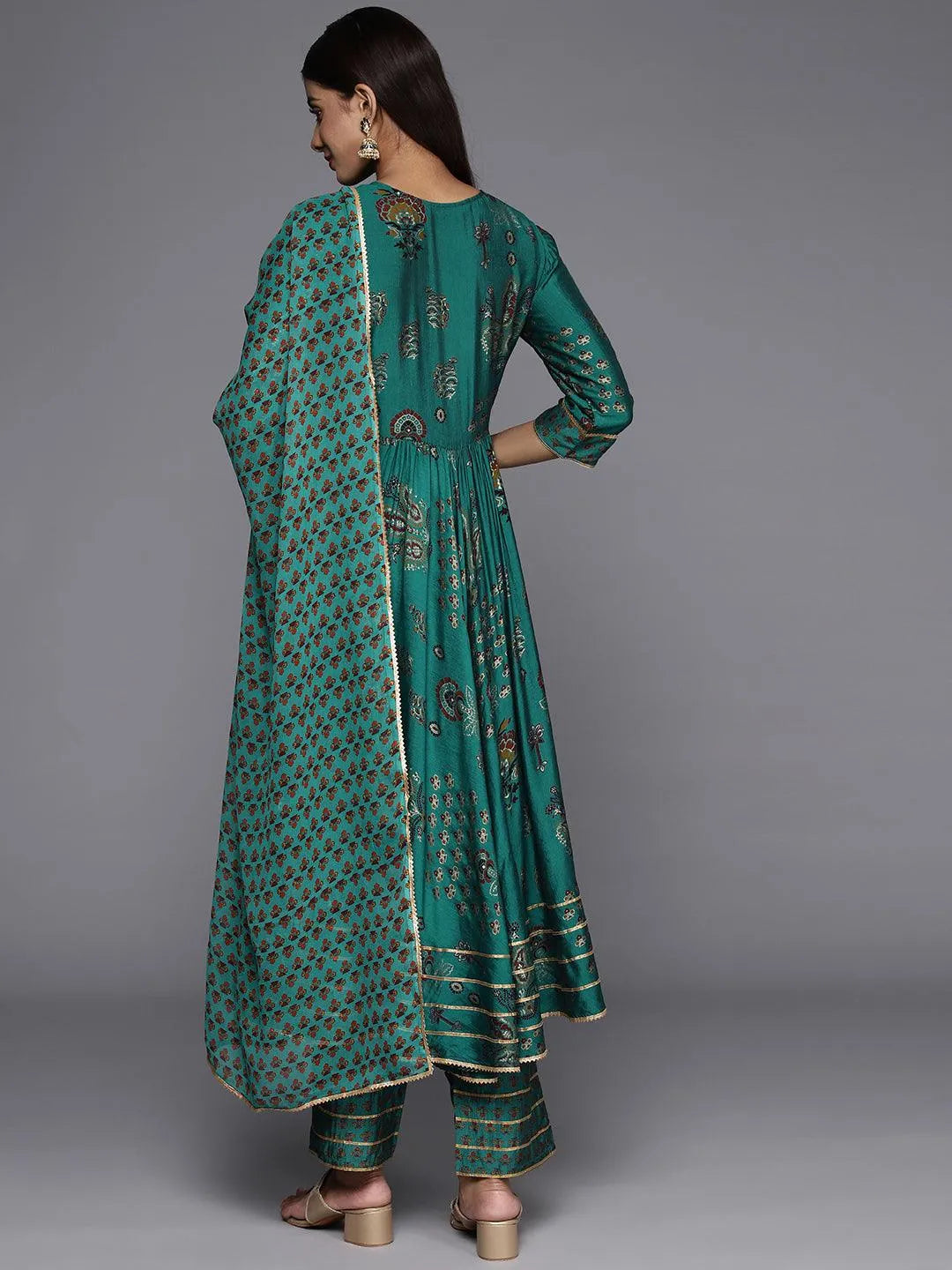 Green Printed Silk Blend Anarkali Kurta With Trousers & Dupatta - Libas 