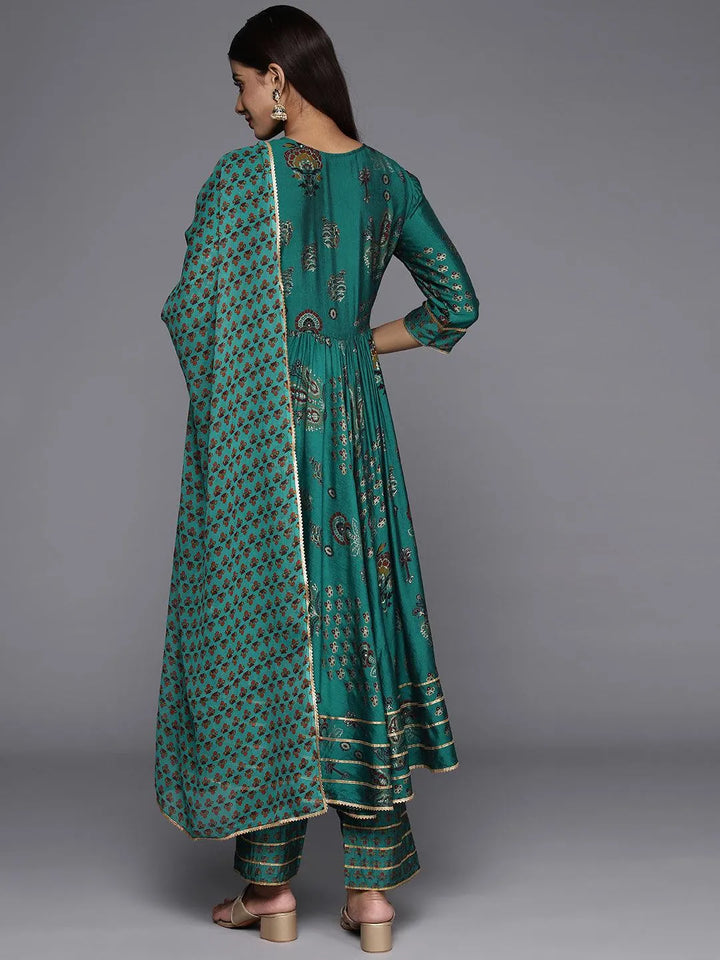 Green Printed Silk Blend Anarkali Kurta With Trousers & Dupatta - Libas