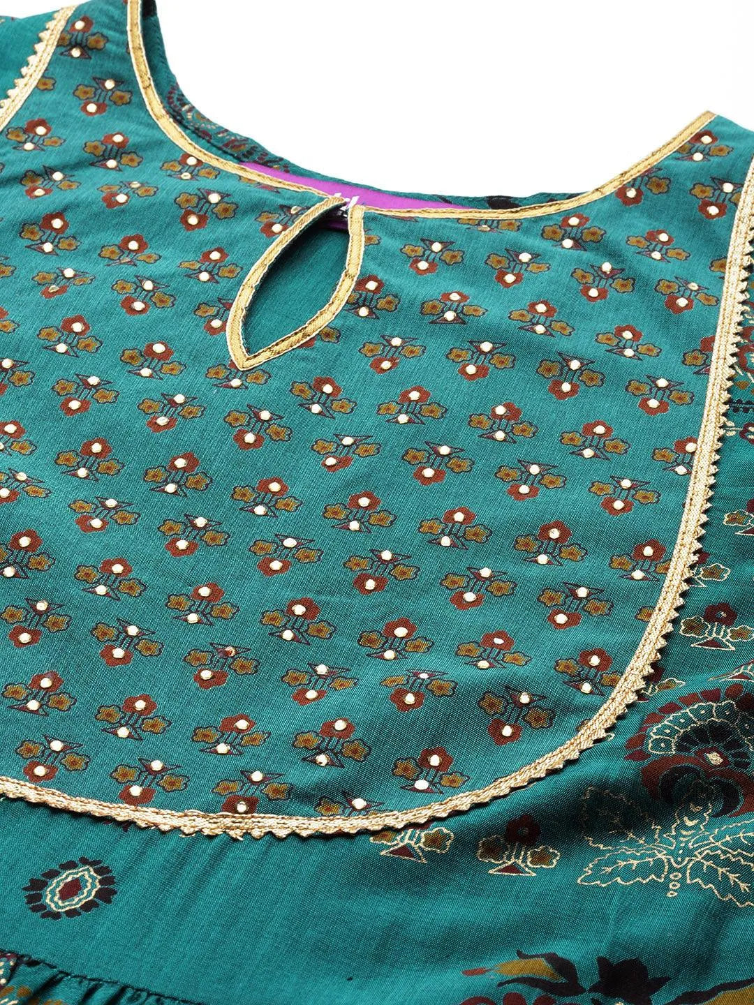 Green Printed Silk Blend Anarkali Kurta With Trousers & Dupatta - Libas 