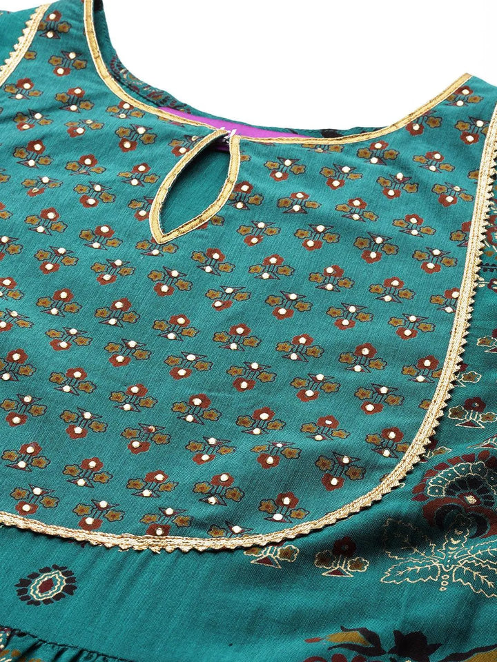 Green Printed Silk Blend Anarkali Kurta With Trousers & Dupatta - Libas