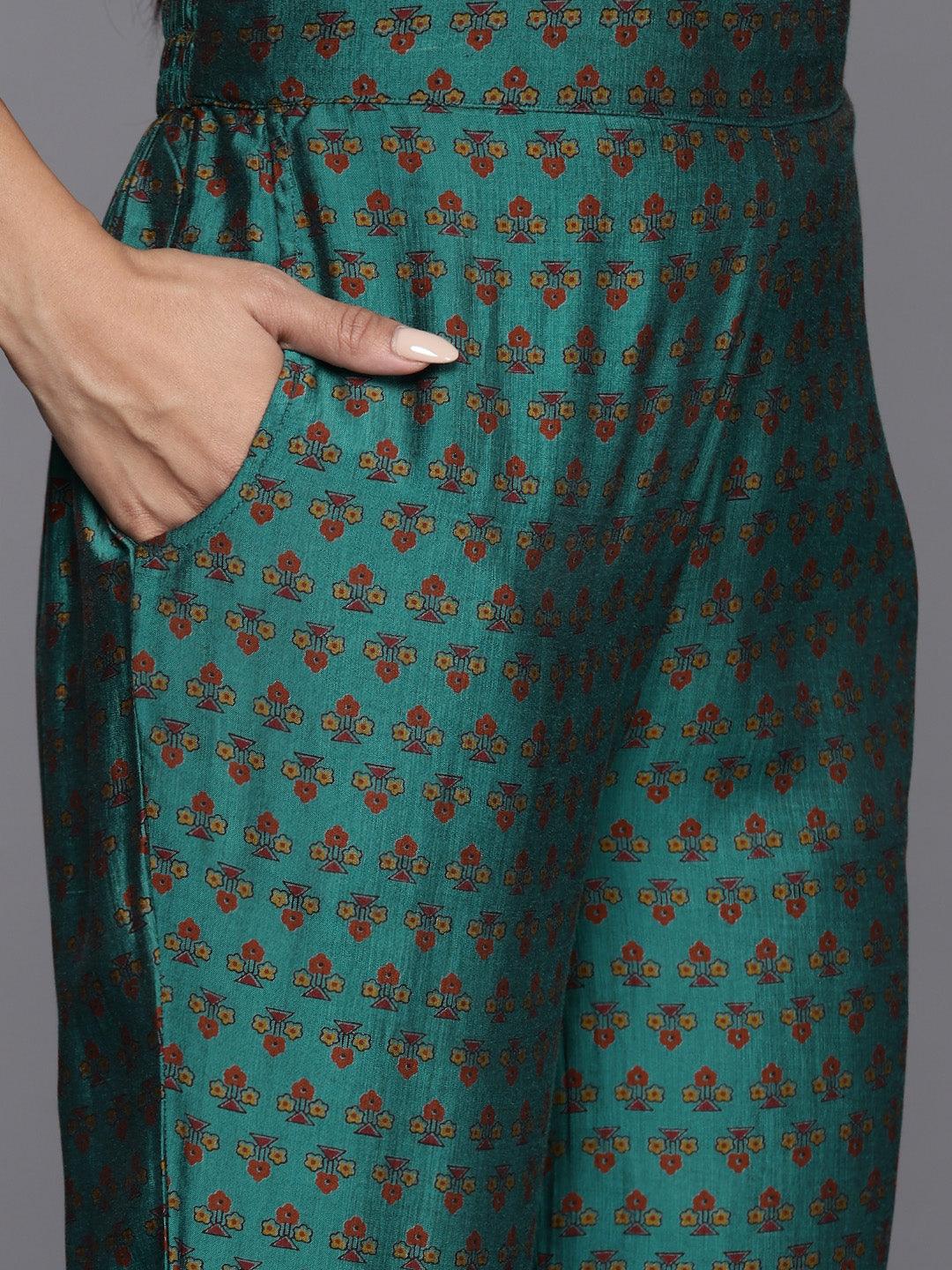 Green Printed Silk Blend Anarkali Suit With Dupatta