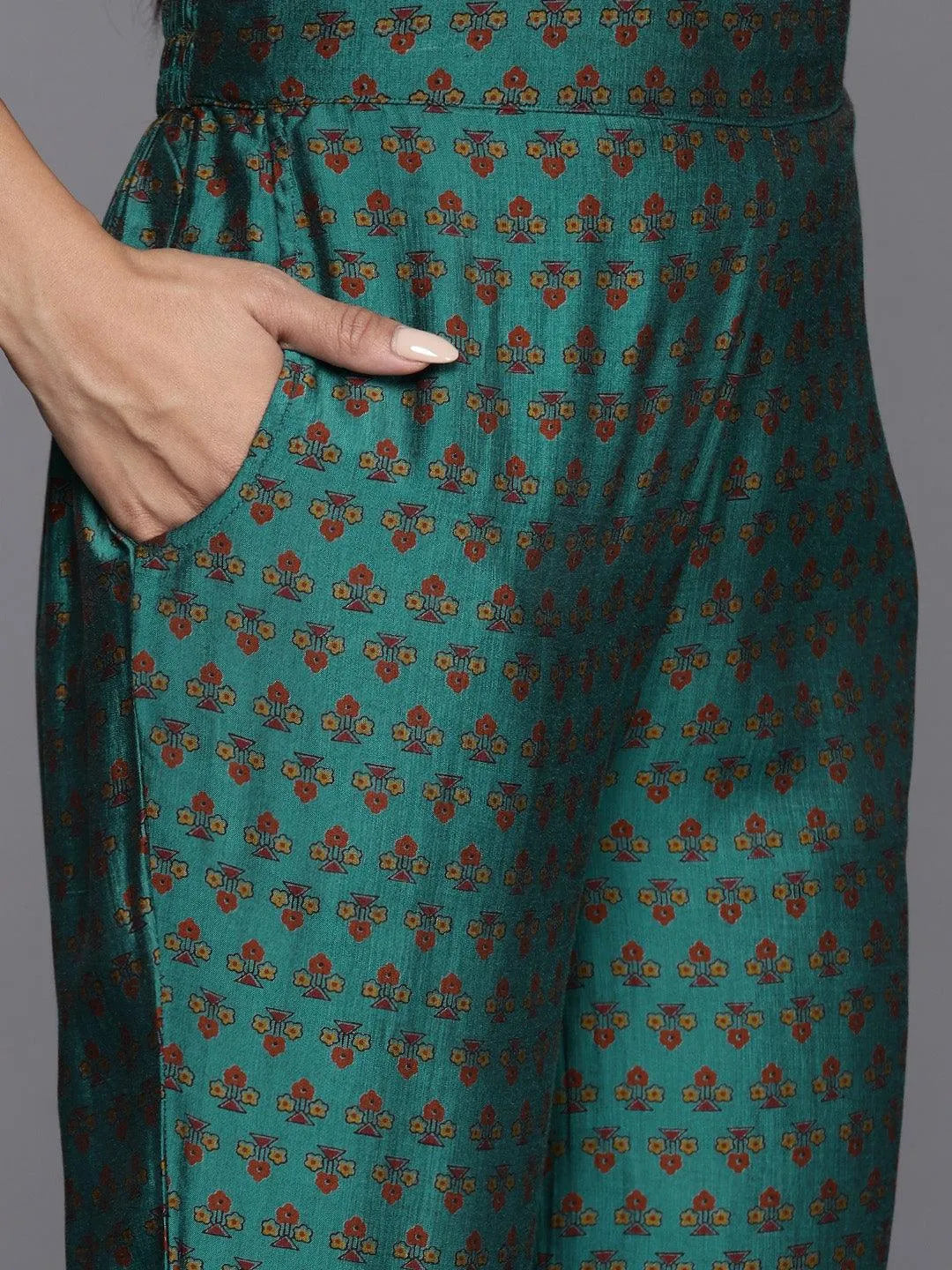 Green Printed Silk Blend Anarkali Kurta With Trousers & Dupatta - Libas 