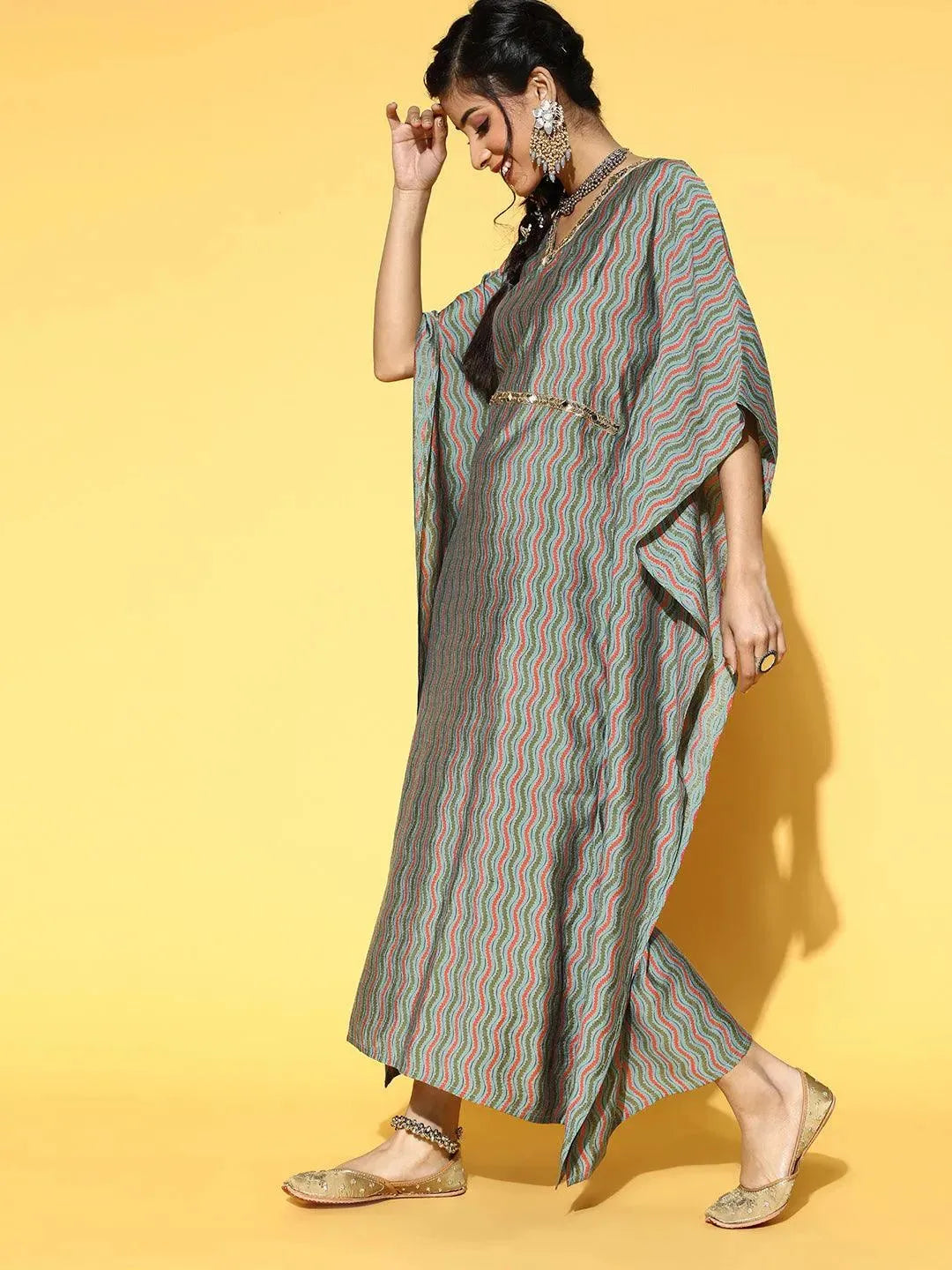 Green Printed Silk Blend Dress - Libas