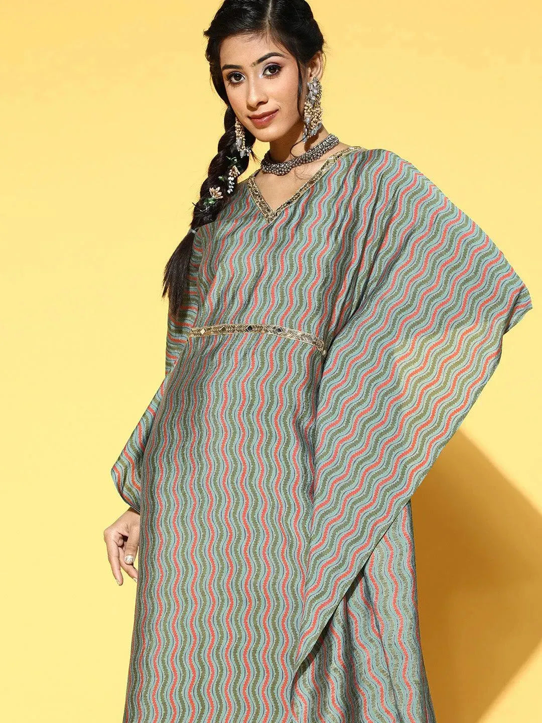 Green Printed Silk Blend Dress - Libas 