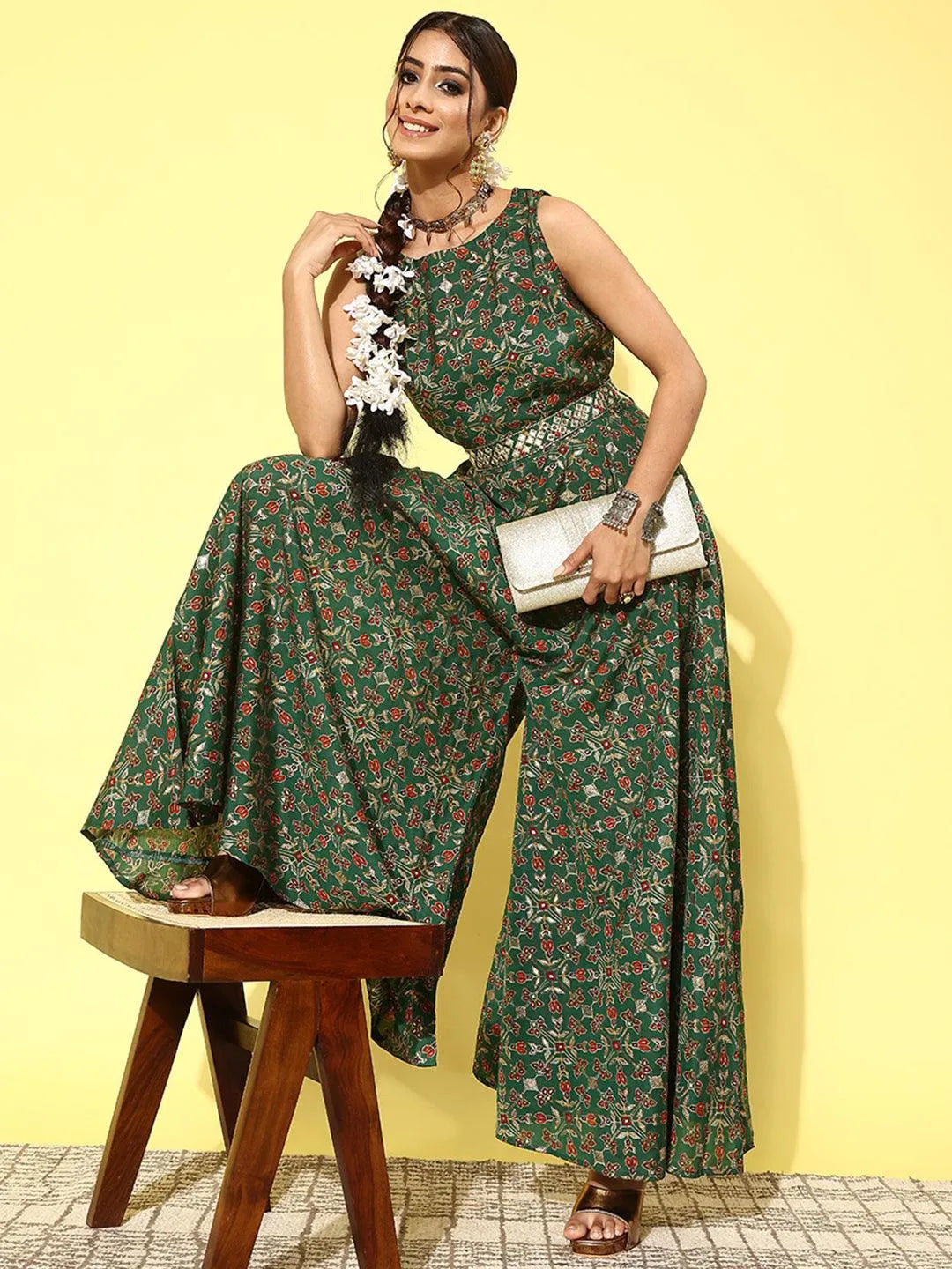 Green Printed Silk Blend Jumpsuit With belt - Libas 