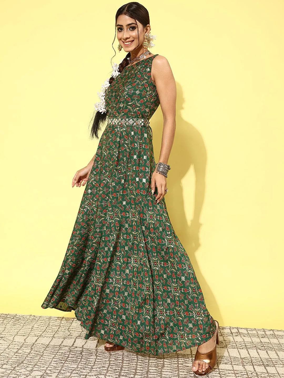 Green Printed Silk Blend Jumpsuit With belt - Libas