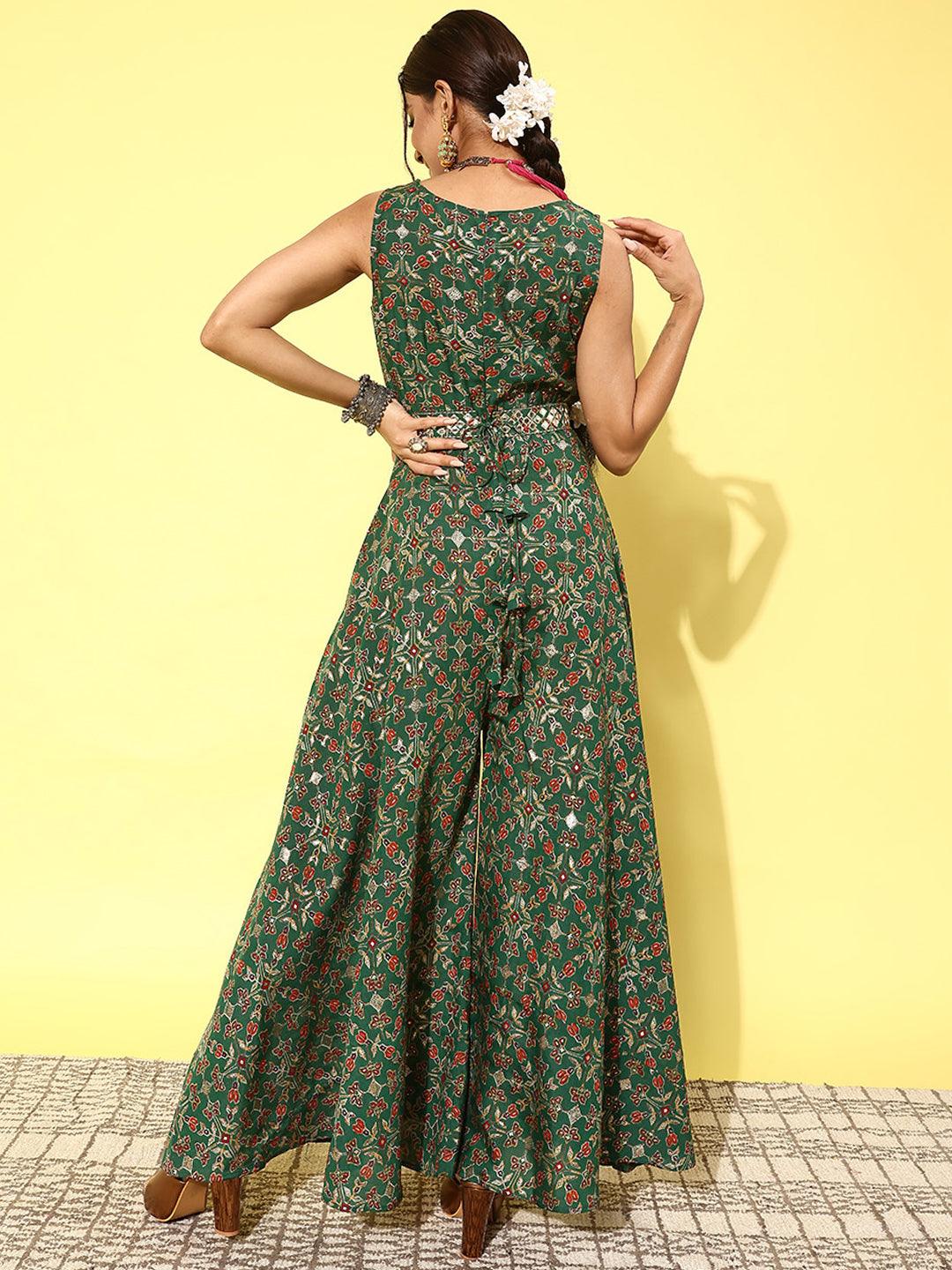 Green Printed Silk Blend Jumpsuit With belt