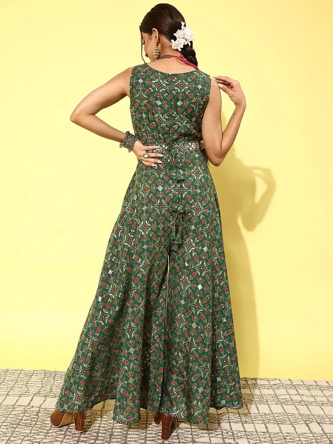 Green Printed Silk Blend Jumpsuit With belt - Libas