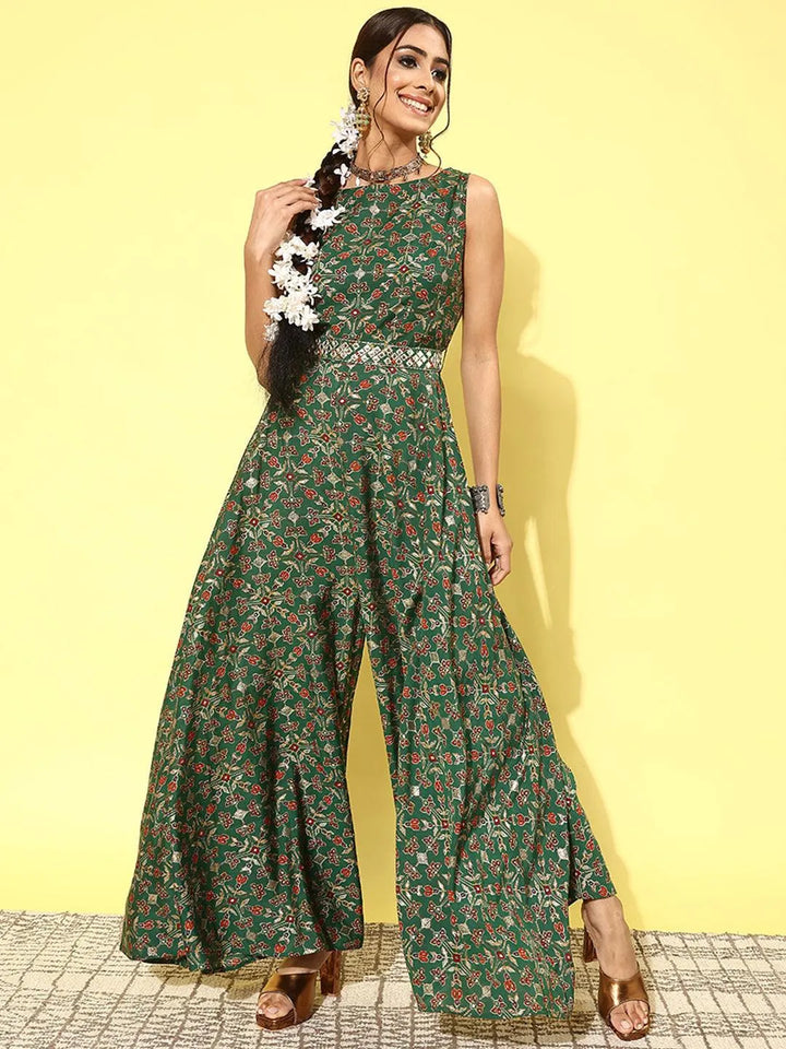 Green Printed Silk Blend Jumpsuit With belt - Libas