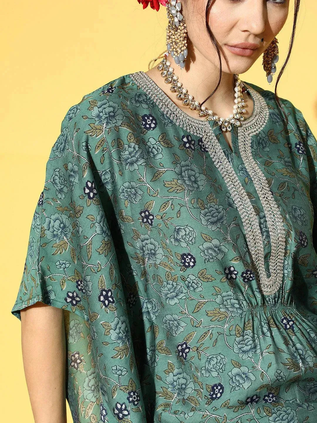 Green Printed Silk Blend Kurta Set - Libas 