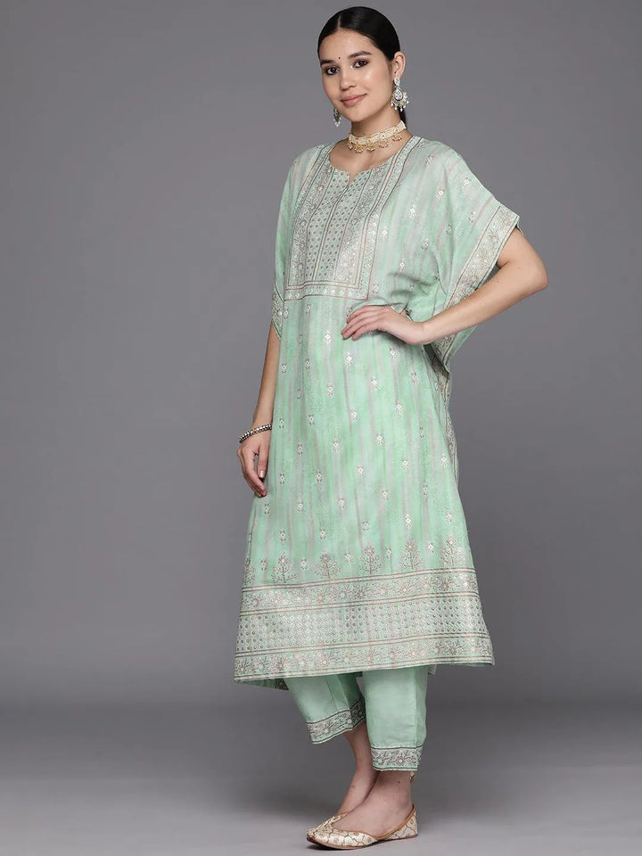 Green Printed Silk Blend Kaftan Kurta Set With Trousers - Libas
