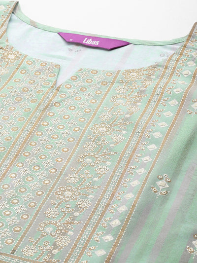 Green Printed Silk Blend Kaftan Kurta Set With Trousers - Libas