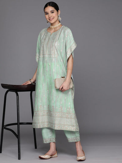 Green Printed Silk Blend Kaftan Kurta Set With Trousers - Libas