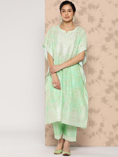 Green Printed Silk Blend Kaftan Kurta With Trousers - Libas