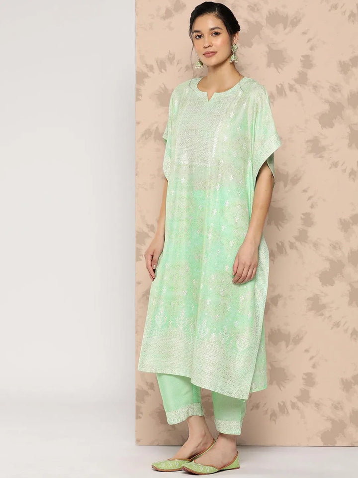 Green Printed Silk Blend Kaftan Kurta With Trousers - Libas