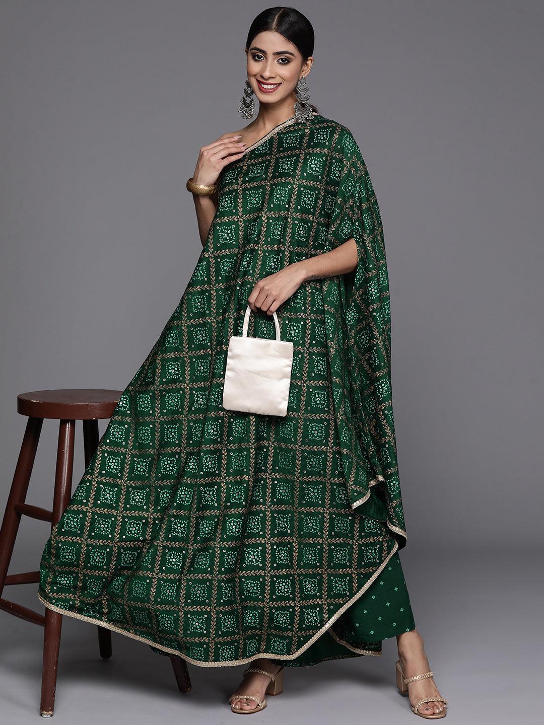 Green Printed Silk Blend Kaftan Kurta With Trousers