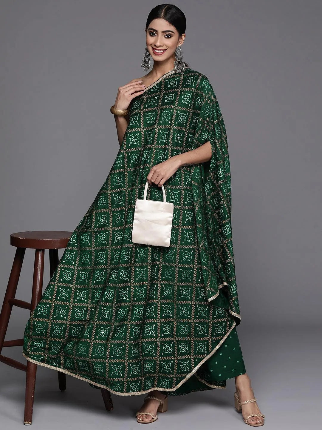 Green Printed Silk Blend Kaftan Kurta With Trousers - Libas 