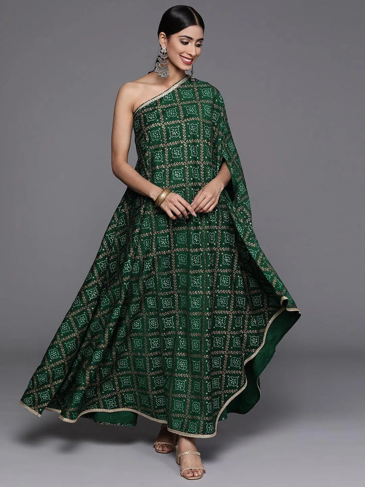 Green Printed Silk Blend Kaftan Kurta With Trousers - Libas