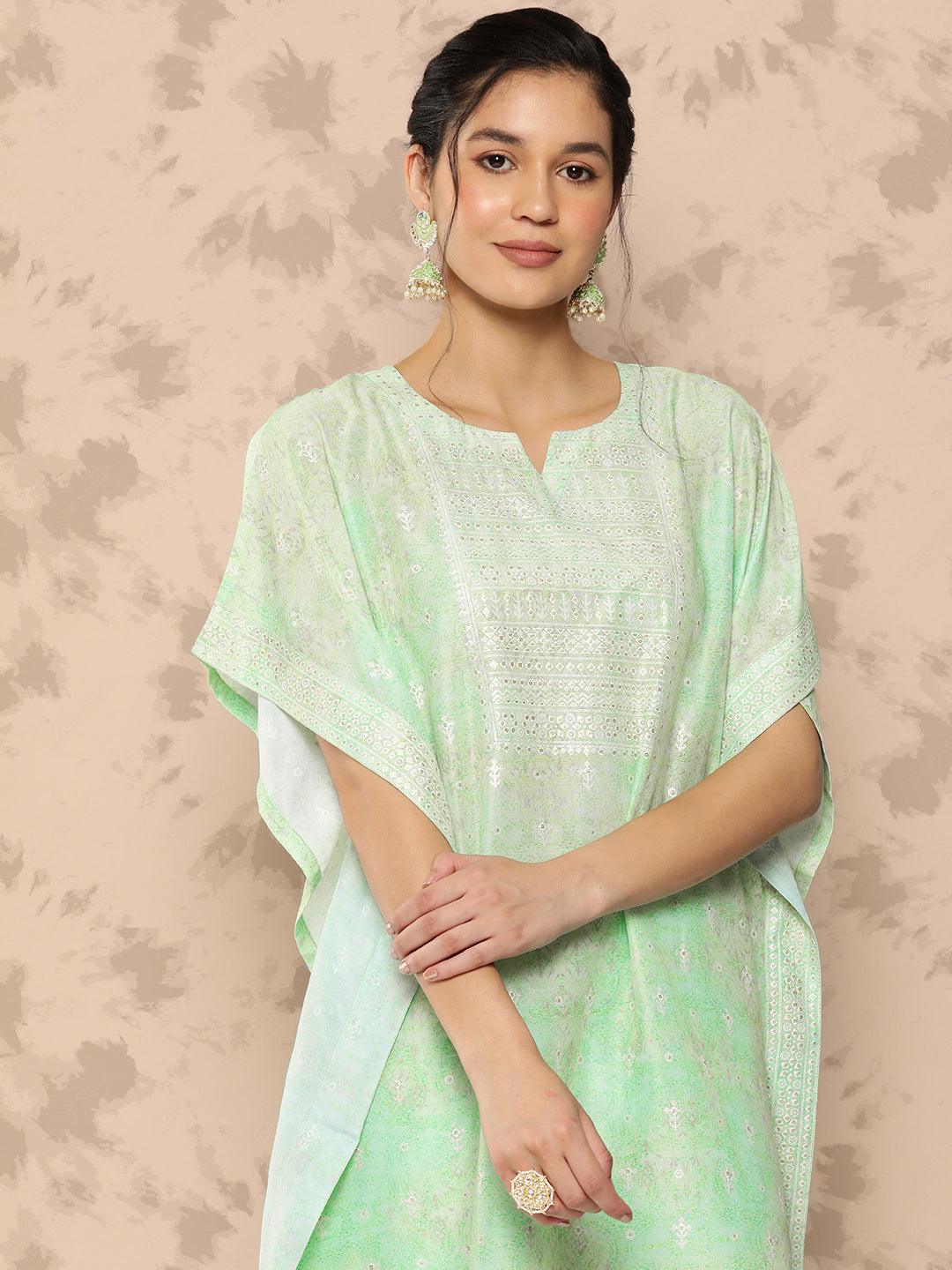 Green Printed Silk Blend Kaftan Kurta With Trousers