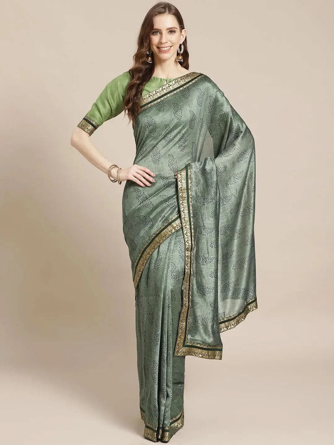 Green Printed Silk Blend Saree - Libas 