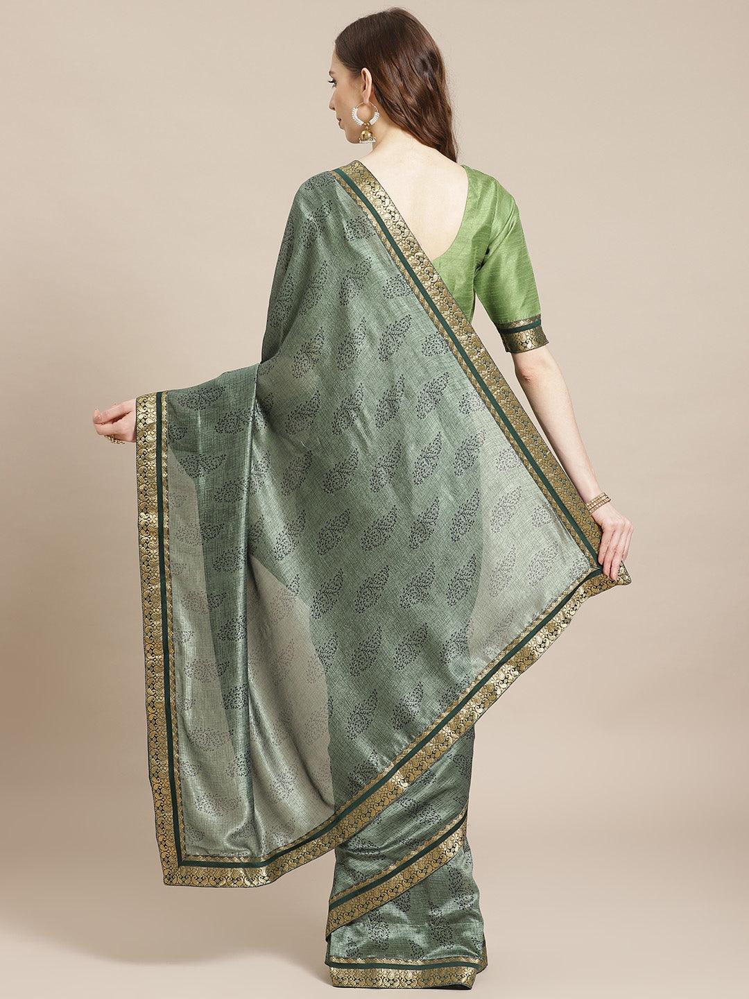 Green Printed Silk Blend Saree - Libas
