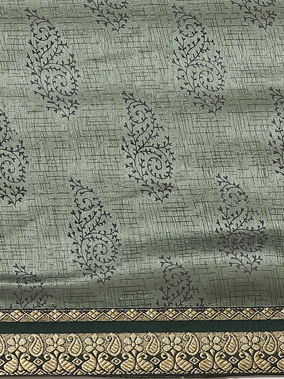 Green Printed Silk Blend Saree - Libas