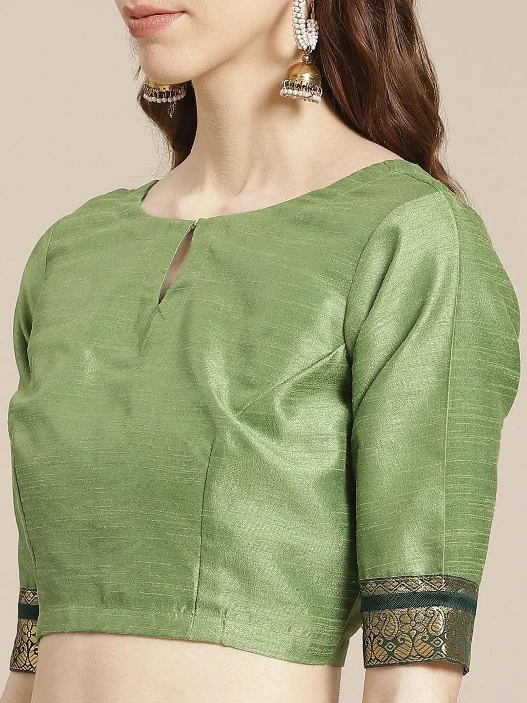 Green Printed Silk Blend Saree - Libas 