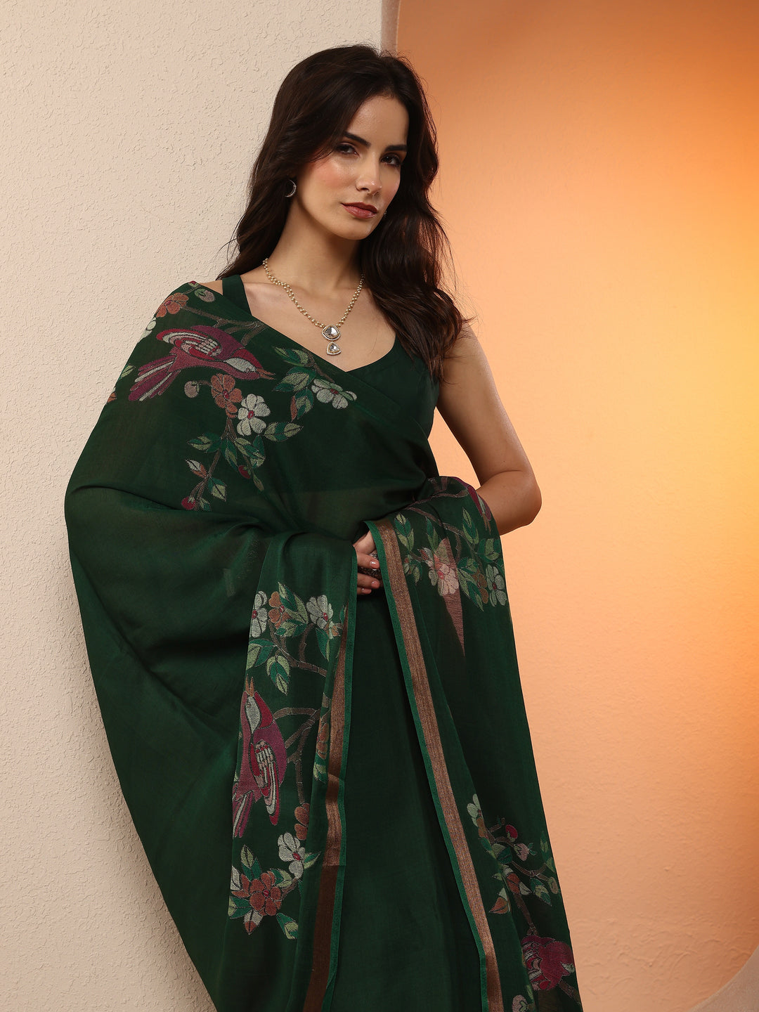  Green Printed Silk Blend Saree With Unstitched Blouse Piece 
