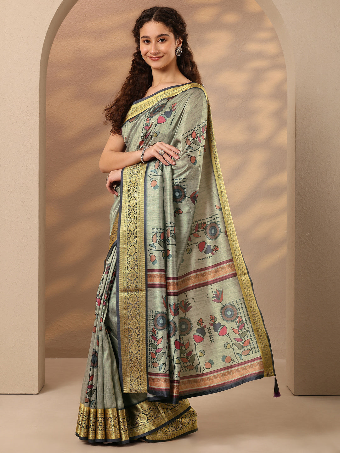  Green Printed Silk Blend Saree With Unstitched Blouse Piece 