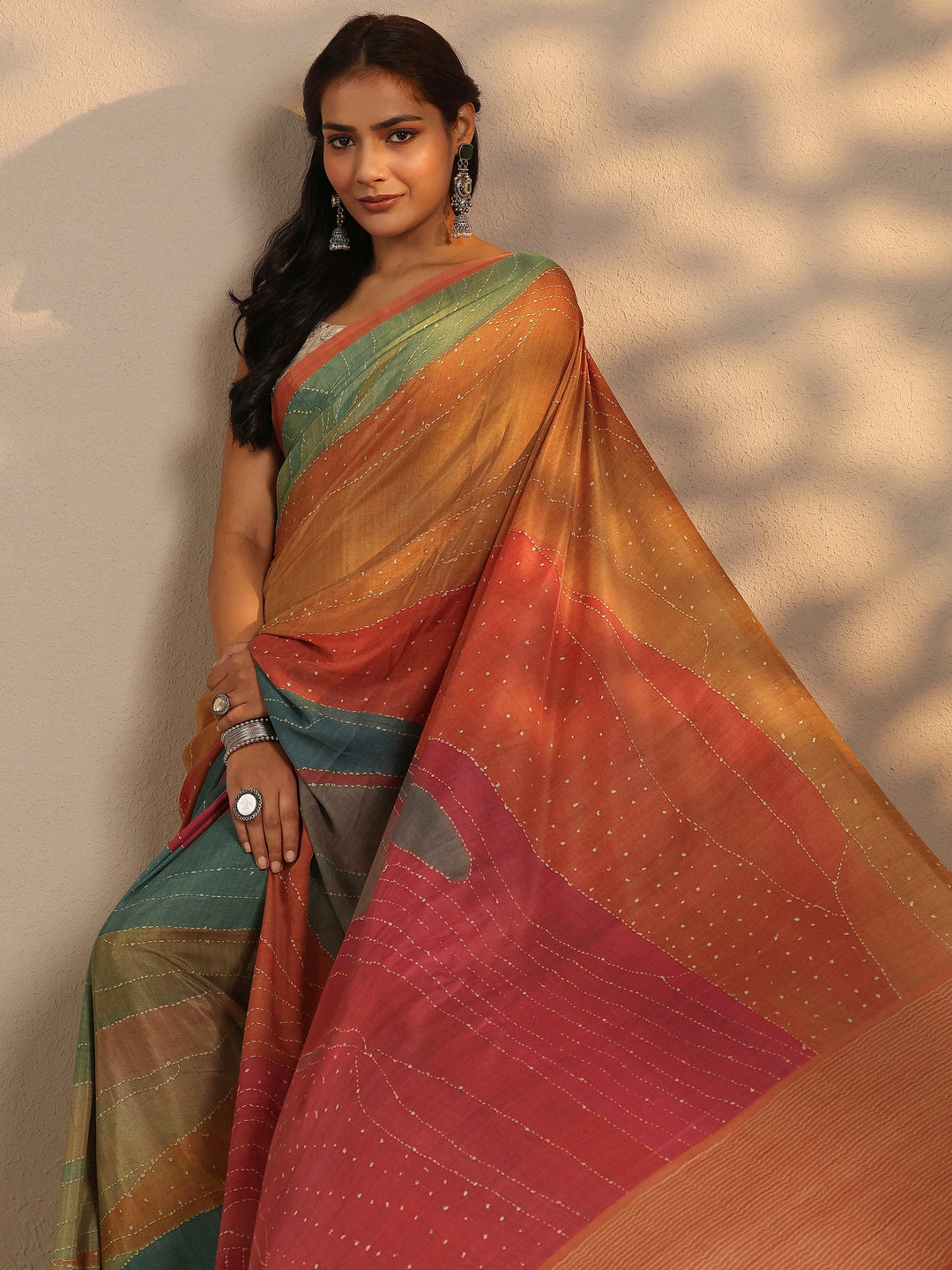 Green Printed Silk Blend Saree With Unstitched Blouse Piece