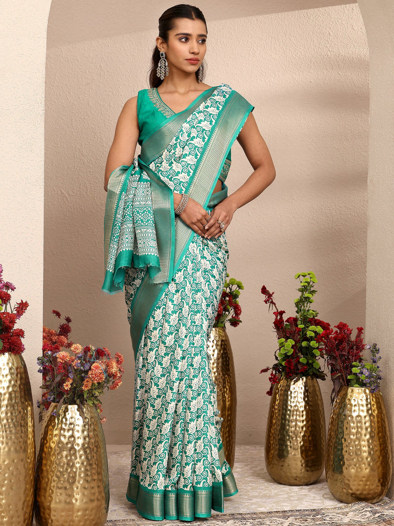 Libas Green Printed Silk Blend Saree With Unstitched Blouse Piece
