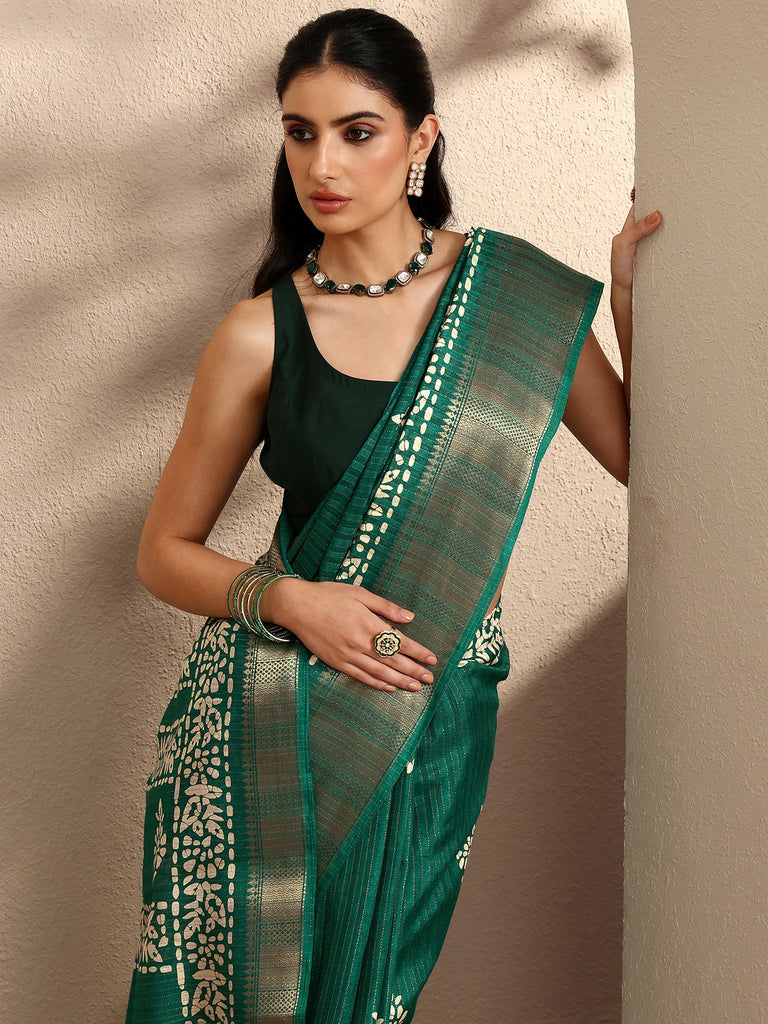Libas Green Printed Silk Blend Saree With Unstitched Blouse Piece